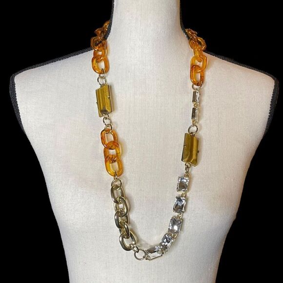 Ann Taylor Chunky Gold Tone Faux Tortoise Acrylic Tiger Eye Rhinestone Necklace - Picture 1 of 7